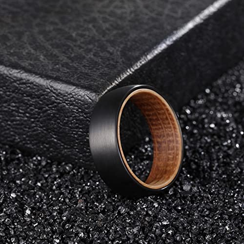 Tungsten Rings for Men Womens 8mm Black Silver Fashion Promise Wedding Band Carbide Inner Hole Inlaid Whiskey Barrel Wood Chamfer Frosted Matte Finish Edge Comfort Fit size 7-123