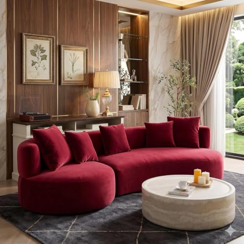 Image of Modern Curved White Sofa Couch with Plush Pillows - 4 Seater Upholstered Living Room Sofa | Contemporary Minimalist Design for Home, Office & Lounge. (Maroon L1)