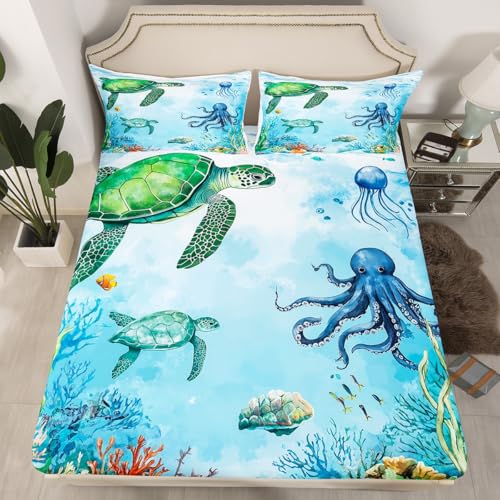 Erosebridal Queen Tortoise Fitted Sheet for Boys, Sea Turtle Bed Sheets Octopus Underwater World Bedding Set for Kids Teens Adult Room Decor, Coastal Creatures Sheets with 2 Pillow Cases