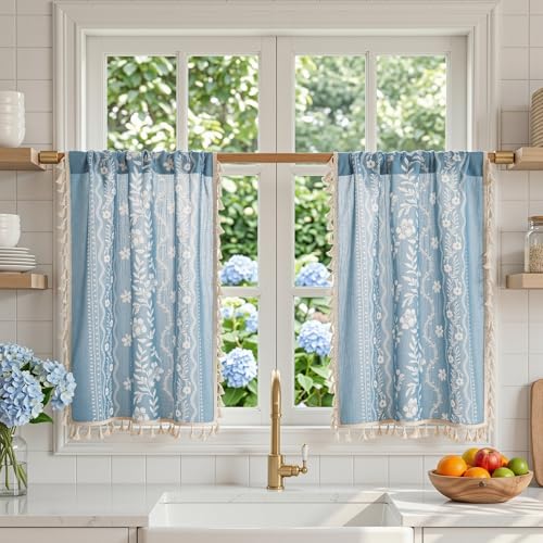 Image of MYSKY HOME Short Boho Floral Tier Curtains 30 Inch Length for Cafe 2 Pcs | Linen Blend Semi Sheer Drapes Rod Pocket Light Filtering with Tassels for Cafe Bathroom over Sink, Dusty Blue, 26 inch Wide