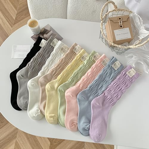 Image of Women's Ruffle Frilly Slouchy Socks, Soft Cotton Cute Solid Color Crew Socks Light Blue