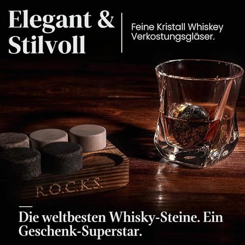 Foto von Whiskey Steine Geschenkset - 6 Handgefertigte Premium-Granitsteine, 2 außergewöhnliche Kristallgläser, Präsentations- und Aufbewahrungstablett aus Hartholz, Elegante Geschenkbox mit Goldfolie