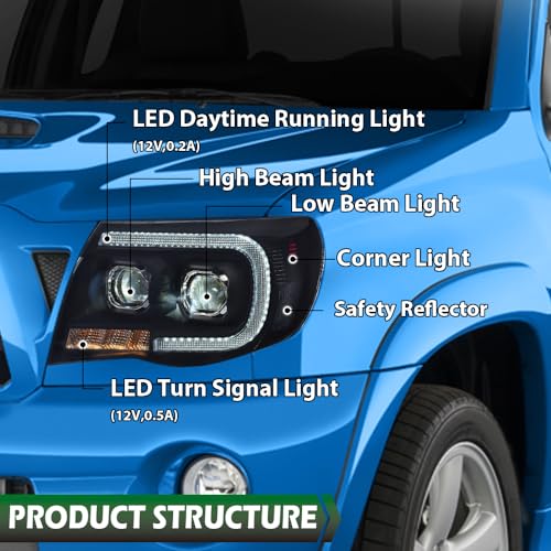Image of GRAND ORANGE LED Tube Projector Headlights Assembly Headlamps W /o Bulbs Compatible with Toyota Tacoma 2005-2011 Smoke Lens Black Housing Clear Reflector Driver & Passenger Side