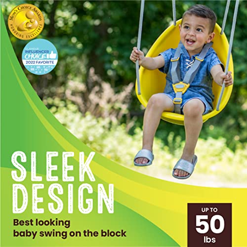 Image of Swurfer Coconut Toddler Swing - Comfy Baby Swing Outdoor, 3- Point Adjustable Safety Harness, Secure, Safe Quick Click Locking System, Blister-Free Rope, Easy Installation, Ages 6 - 36 Months, Yellow