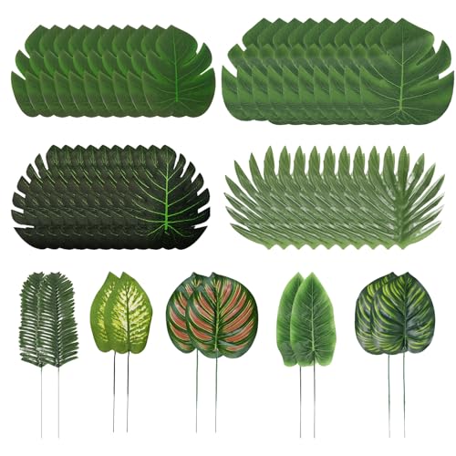 Feuilles artificielles, Decoration Jungle, Feuilles de Palmier, Lot de 50 Feuille Tropicales décoratives et Feuille de Monstera artificielles pour...