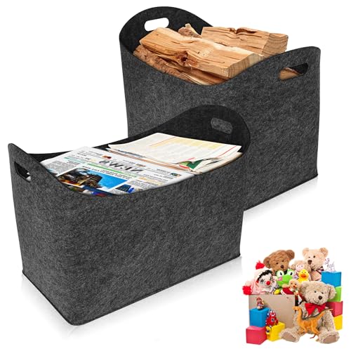 QEENTOE Cesta de madera para leña de chimenea para chimenea, leña, cestas de madera, almacenamiento interior, cesta de fieltro plegable con asa, cesta de madera de fieltro para madera, juguetes, 2
