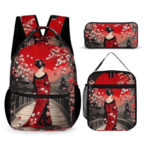 Japanese Geisha Under The Blood Moon Travel Backpack Lunch Box Pencil Case 3Pcs Set for Men Women Office Outing University