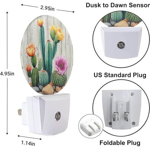 Image of Cactus Night Light Tropical Cacti Desert Green Plant with Flowers on Wooden Blank Night Lights Plug into Wall Auto on /Off LED Lighting for Home Hallway Stairway Kitchen