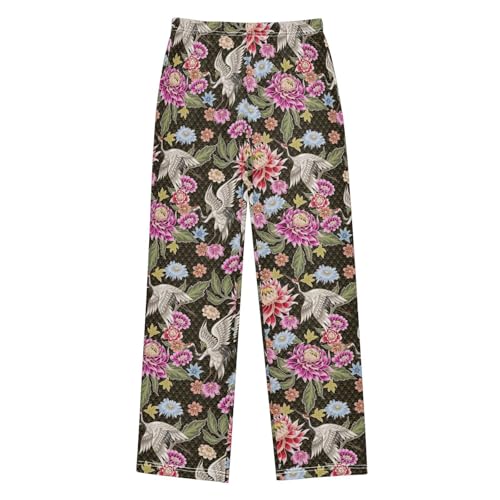 Retro Crane Bird Peony Boys Long Pants Soft Trousers Elastic Waist Kids Lounge Bottoms with Pockets S-XL
