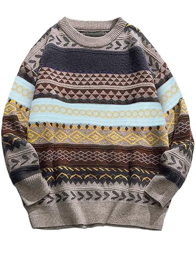 Flygo Men's Vintage Grandpa Sweater Crewneck Oversized Striped Aztec Cable Knit Pullover Unisex Jumper Tops(Grey-XL)