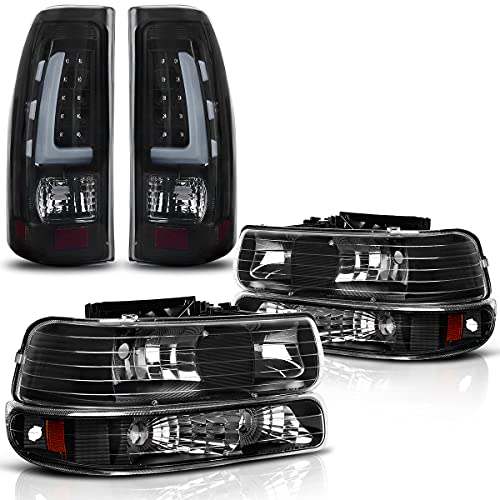 DWVO Headlight Assembly Taillights Combo Set Compatible with 1999-2002 Chevrolet Silverado 1500/2500, 2001-2002 Chevy Silverado 1500HD/2500HD/3500 Black Housing Replacement Headlights Tail Lights