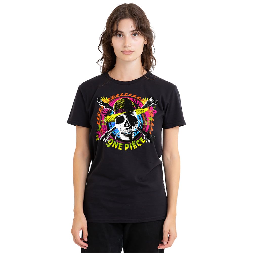 One Piece Jolly Roger Tropical Logo Ladies T Shirt, Black, XX-Large