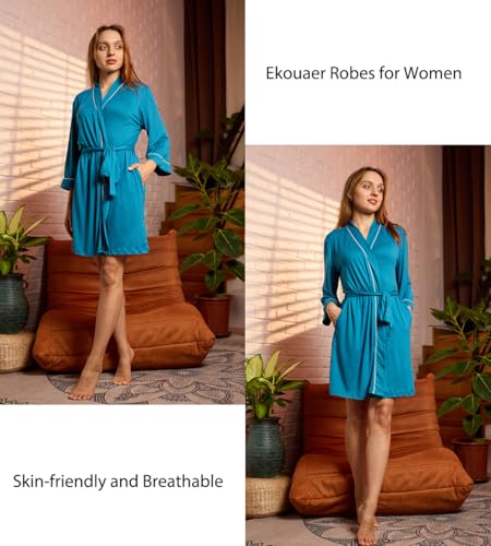 Image of Ekouaer Women Kimono Robes Knee Length Knit Bathrobe Lightweight Soft Sleepwear V-neck Casual Ladies Loungewear