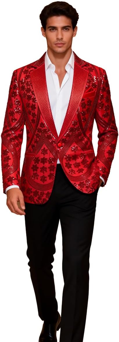 Men's Embroidered Sequin Floral Pattern Blazer Jacket with Rhinestone Notched Collar for Wedding Party Prom