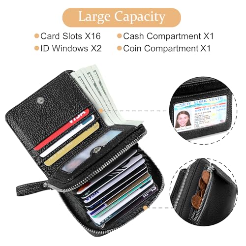 Image of Genuine Wallet Women RFID Blocking Card Holder, Small Leather Womens Wallet with Zipper ID Window Coin Pocket