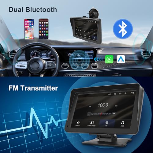 Portatile Autoradio con Senza Fili Apple Carplay Android Auto,7 Pollici IPS Schermo Portatile Autoradio con Apple Airplry/Android Mirror Link/Bluetooth/FM Trasmettitor/Voice Control/Google/Siri/AUX/TF