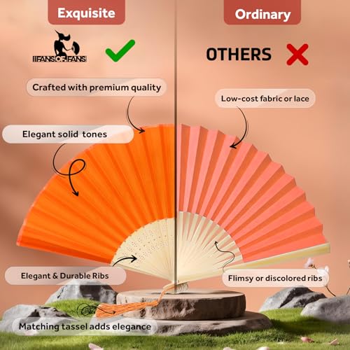 Image of Fabric Handheld Folding Hand Fan With a Tassel Grade A Bamboo Ribs for Women Girls Summer Party Event Favor Birthday Wedding Souvenir Gift (Orange)