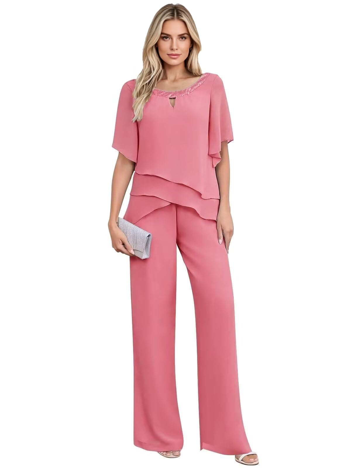 2 pezzi Madre della Sposa Pantaloni Abiti per le Donne Elegante Chiffon Set Mezza Manica Formale Matrimonio Guest Outfit con Maniche, Rosa polvere, 52