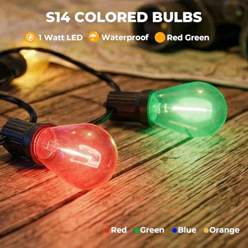 Image of GvvooHome 15 Pack S14 LED Edison String Light Bulbs Red&Green, Shatterproof Vintage 1W Bulbs for Patio Garden Lighting, E26 Medium Base