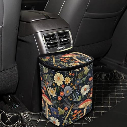 Image of Talayituse Mushroom Dragonfly Daisy Print Car Trash Can with Lid, Leak Proof Auto Trash Bag Hanging Vehicle Garbage Can Multipurpose Storage Container for Back Seat Road Trip