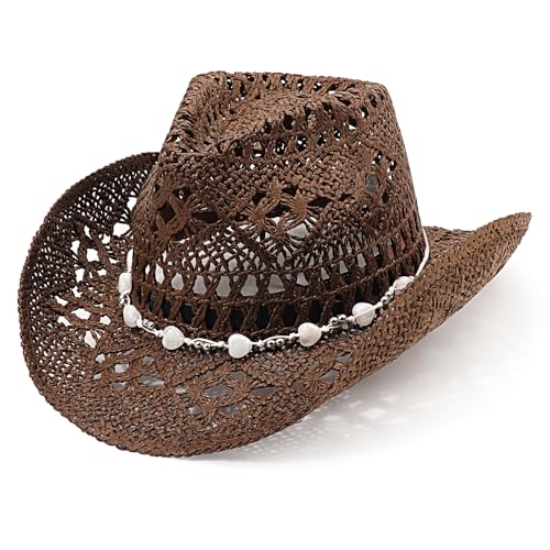 Image of DRESHOW Straw Cowboy Cowgirl Hat for Women Men Western Coastal Cowboy Beach Hat with Shapeable Brim Unisex Rolled up Caps