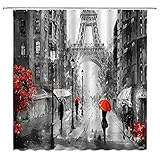 Oil Painting Paris Shower Curtain Eiffel Tower Red Couple Umbrella Trees Romantic Grey Old Street Vintage City Scene Retro European Building France Modern Bath Curtain with Hook