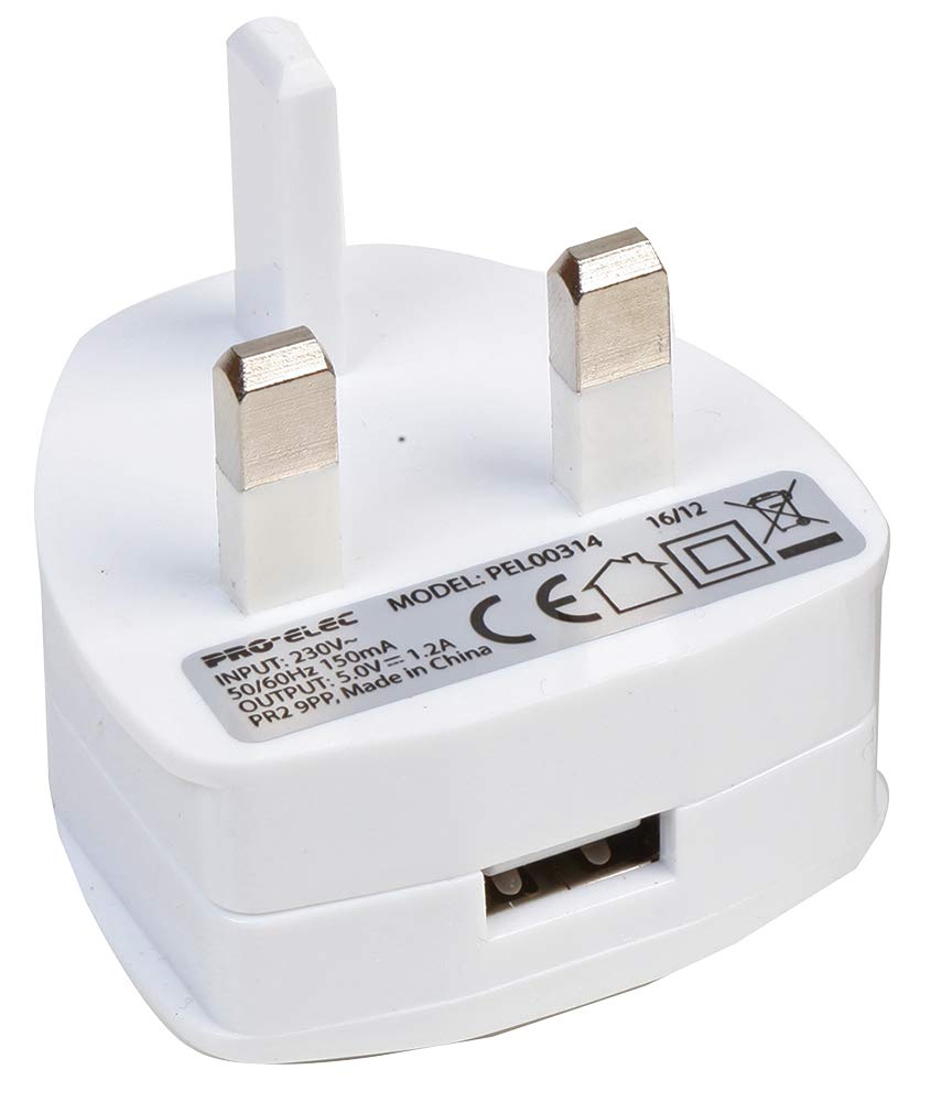 Pro Elec PEL00314 White USB mains Power Adaptor, 5V, 1.2A