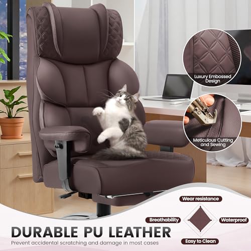 Office Desk Chair, Big and Tall Leather Gaming Chair with Footrest, Wide Ergonomic Comfy Executive High-Back Reclining Computer Chairs, Swivel Rolling Wheels and Padded Lumbar Support,Coffee - Image 5