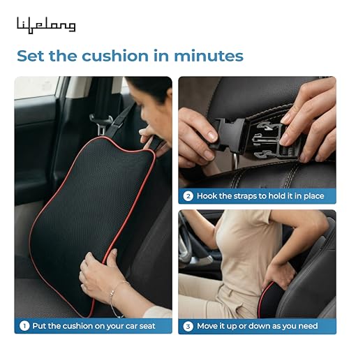 Image of Lifelong Back & Lumbar Support Car Seat Cushion | Memory Foam Car Pillow for Back Side | Office Chair & Seat Backrest for Back Pain Relief, Comfortable Long Drive & Daily Commute | Washable Cover