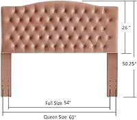 Vista 2 de 24KF Cabecera tapizada de terciopelo con botones, cómoda y a la moda, tamaño Queen/Matrimonial, color rubor