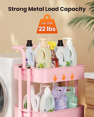 Pipishell Pink 3-Tier Rolling Utility Cart with Lockable Wheels for Kitchen, Living Room, and Office