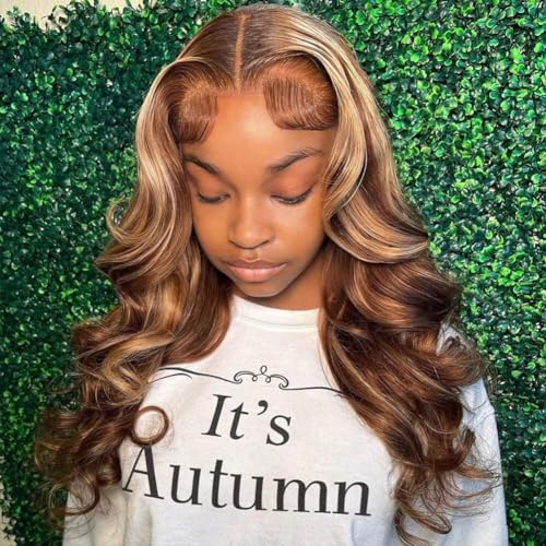 Image of Pizazz Honey Blonde Lace Front Wigs Human Hair Pre Plucked with Natural Hairline 13x4 Glueless Wigs Human Hair 180 Density 4 /27 Highlight Body Wave Lace Frontal Wigs 18 Inch
