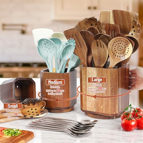 Wooden Utensil Holder Set with Rotating Base
