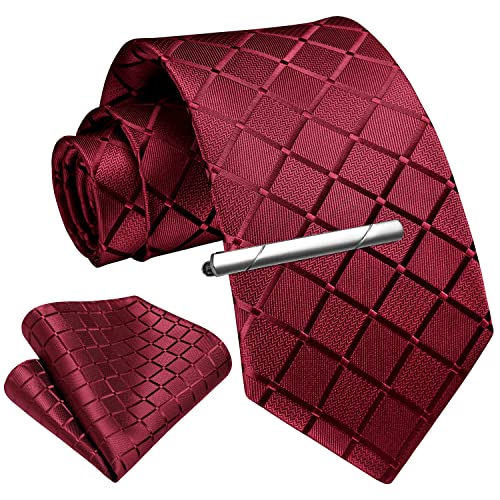Image of Enlision Ties for Men Plaid Stripe Tie Handkerchief Woven Classic Formal Necktie Pocket Square Clip Set