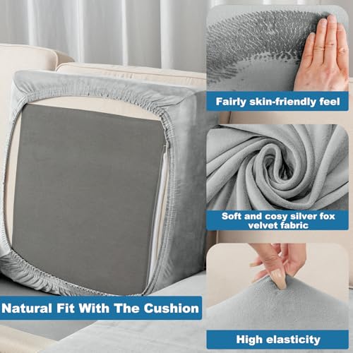 Image of Couch Cover 4-Piece Elastic Velvet Couch Cushion Covers & Chaise Slipcovers for L-Shaped Sofas, Sofa Seat Covers Washable, Soft Cover for Couches (3 Seater + Chaise, Light Grey)