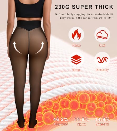 ciksob Fleece Lined Tights Women Winter Thermal Leggings Pantyhose Fake Translucent Hight Waist Thick Warm Sheer Stockings (Medium, Light Black) - image 5