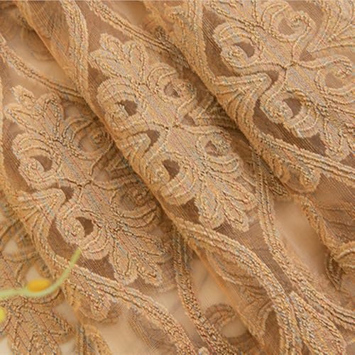 European Golden Flower Embroidery Sheer Curtains Villa Luxury Grommet Top Voile Drape for Living Room Curtain Panel Tulle Home Decor 75 inch Wide by 102 inch Long 1 Set of 2 Panels