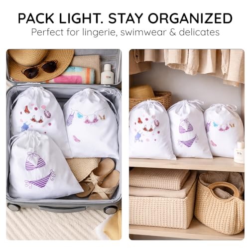 Image of Lingerie Drawstring Bags Set of 3, 15x15 inch, 100% Pure Cotton, Cute Embroidery Pouch for Underwear, Swimwear, Delicates & Travel Storage, Washable Beach Bags for Women (White)