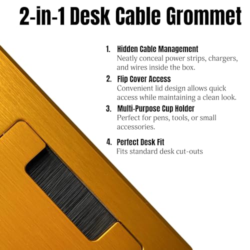 Image of Aluminum Alloy Desk Grommet - Rectangular Metal Cable Wire Hole Cover With Flip Lid & 3-Slot Multifunctional Cup For Computer Table & Furniture - Cord Organizer (200mm*90mm, Golden)