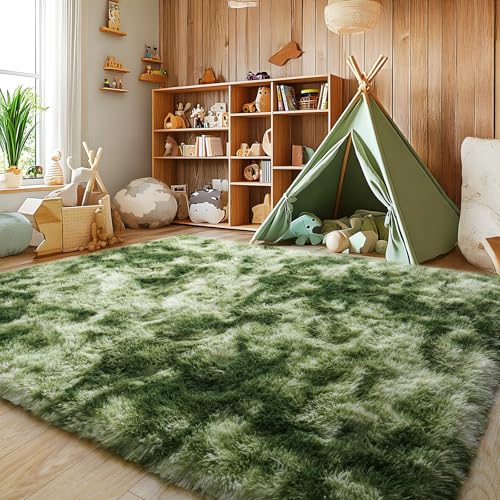 KOGSA 6x9 Fluffy Fuzzy Area Rug for Living Room Bedroom, Tie-Dyed Green