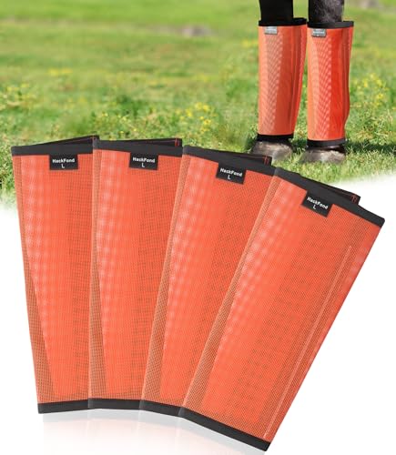 HackFond Breathable Mesh Horse Fly Boots - Equine Fly Leg Wraps for Insect & Scratch Protection, Comfortable Horse Leg Guards for Pasture, Trail Riding & Daily Use Set of 4 Bright Orange Large