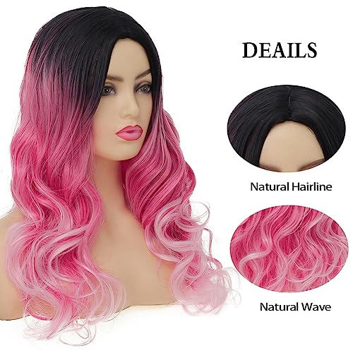 Image of Swiking Women Ombre Pink Long Curly Wig Dark Roots Wave Middle Part Synthetic Wigs for Halloween Cosplay Wig (Ombre Pink)