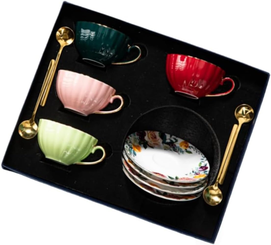 WQNBカップ＆ソーサー 美しいカップルセット ソーサーとスプーン付き ティーカップ セラミックコーヒーカップセット ウォーター ペア ラテ湯飲み 花柄デザイン エレガントなカボチャ型スタイル ウェディングギフト 新築祝いの贈り物に最適 セラミック製フラワーティーカップ 可愛い＆上品なデザインで特別なひとときを演出