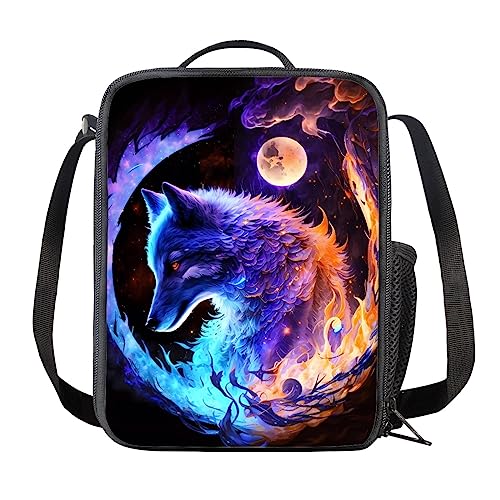 ENLACHIC Cool Wolf Lunch Box Kids Reusable Insulated Lunch Bag Leakproof Cooler Bag Lunch Containers for Women Men Work Picnic Travel,Purple Blue Wolf Moon