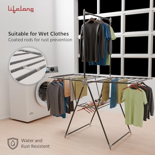 Image of Lifelong Foldable Clothes Drying Stand | Heavy-Duty Alloy Steel Laundry Rack for Balcony & Indoor Use | Multi-Level Cloth Hanger with Rods & Shelves | Rust-Resistant | Drying Stand Rack
