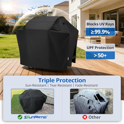Image of SunPatio Barbecue Grill Cover 65 Inch, Outdoor Heavy Duty Waterproof Charcoal Gas Grill Cover, Fade Resistant, All Weather Protection Compatible for Weber Charbroil Nexgrill and More, Black