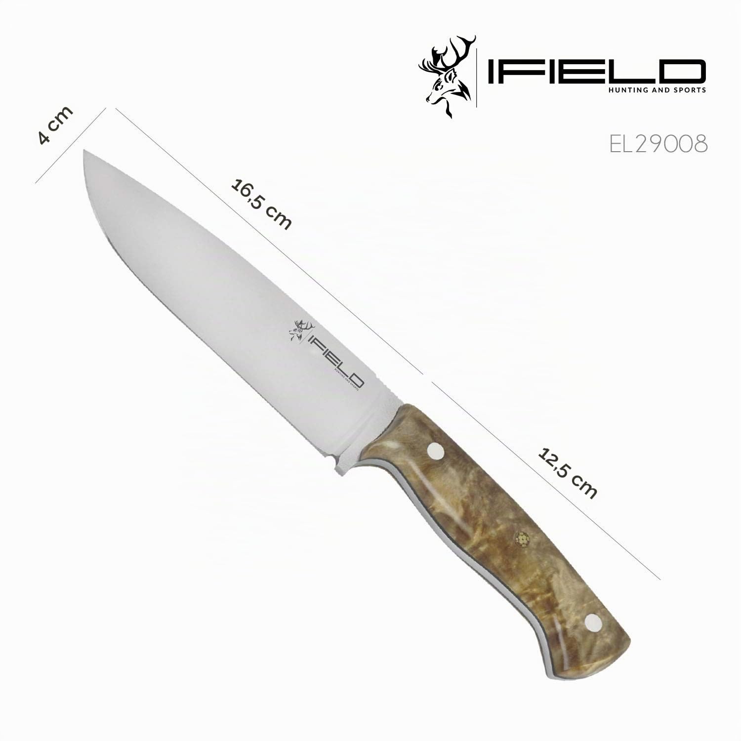 iFIELD EL29008 Coltello multifunzionale per escursioni, caccia e sopravvivenza all'aperto, manico in radice di pioppo in finitura lucida con distanziatore nero, fodero multiposizione