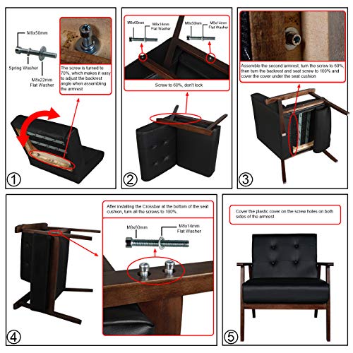 Jiasting Mid-Century Retro Modern Accent Chair Wooden Arm Upholstered Tufted Back Lounge Chairs Seat Size 24.4" 18.3" (Deep) (Square Leg Black) #TOP6