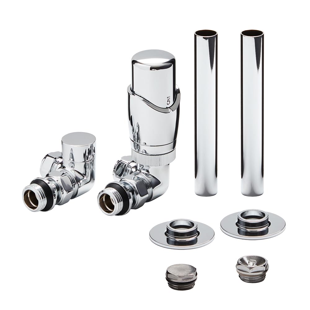 Milano Chrome Corner Heated Towel Rail Radiator Thermostatic Lockshield Valve And Pipe Sleeve Kit