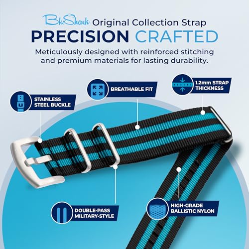 Image of BluShark - Original Collection Military-Style Waterproof Watch Strap, Fits All Timepiece Brands, Durable Nylon Wristwatch Accessories with Stainless Steel Buckle - 18mm, 20mm, 22mm & 24mm Watch Bands